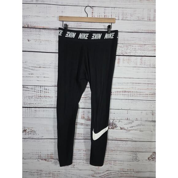 Nike Womens Black Leggings Logo Waistband And Swoosh Ankle Athletic Pants Large - Picture 1 of 7